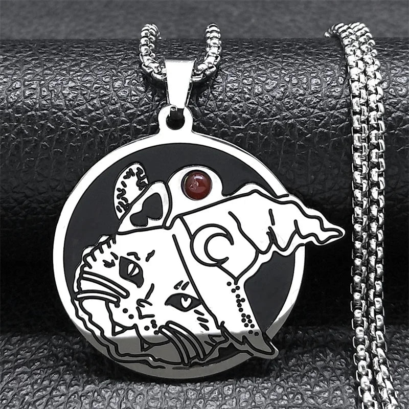 Witch Cat Hat Moon Necklace Silver Stainless Steel Pagan Wicca Jewelry