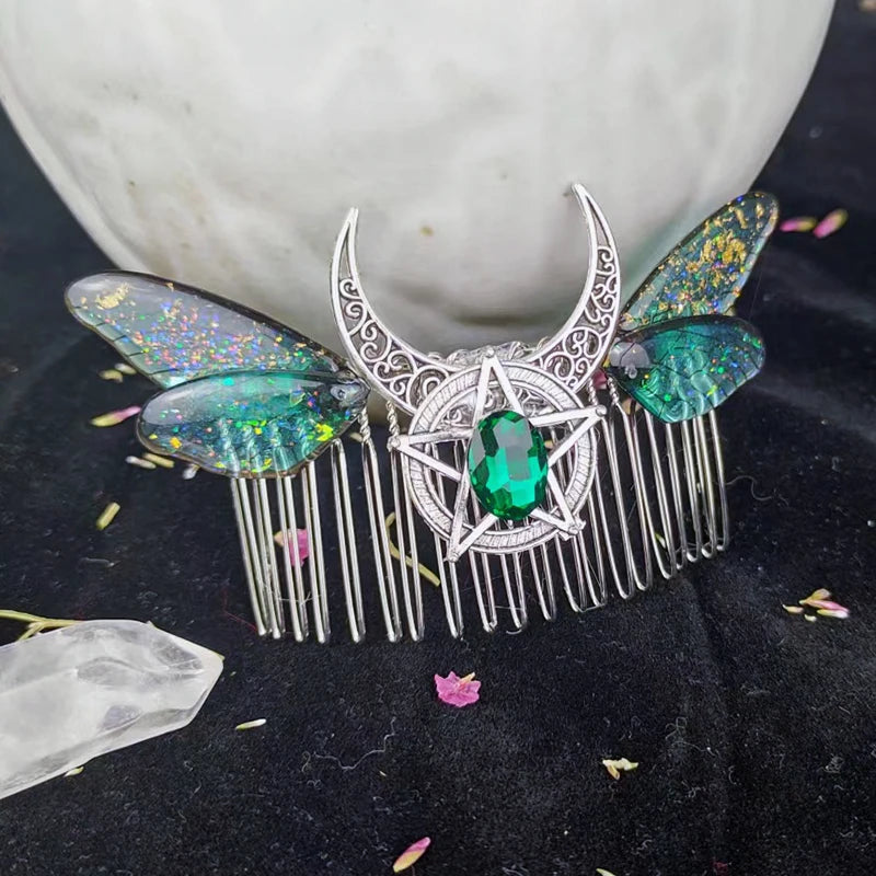 Crystal Butterfly Cicada Wing Moon HairComb