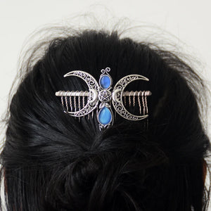 Witch Crystal Triple Crescent Moon Hair Comb Pagan Goddness Barrette