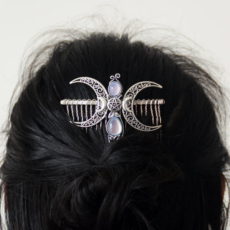 Witch Crystal Triple Crescent Moon Hair Comb Pagan Goddness Barrette