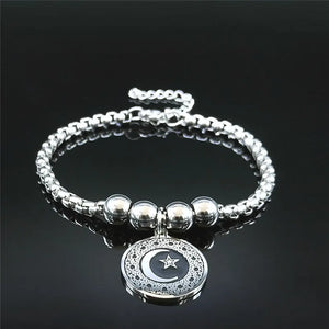 Triple Moon Goddess Charm Bracelet Stainless Steel Eye Bead Cuff