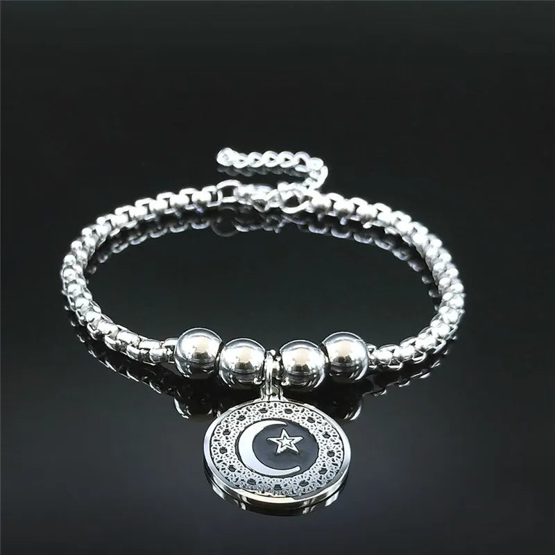 Triple Moon Goddess Charm Bracelet Stainless Steel Eye Bead Cuff