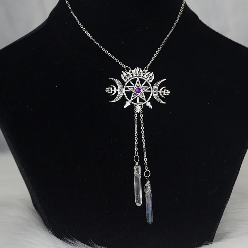 Witch Triple Crescent Moon Pentagram Necklace