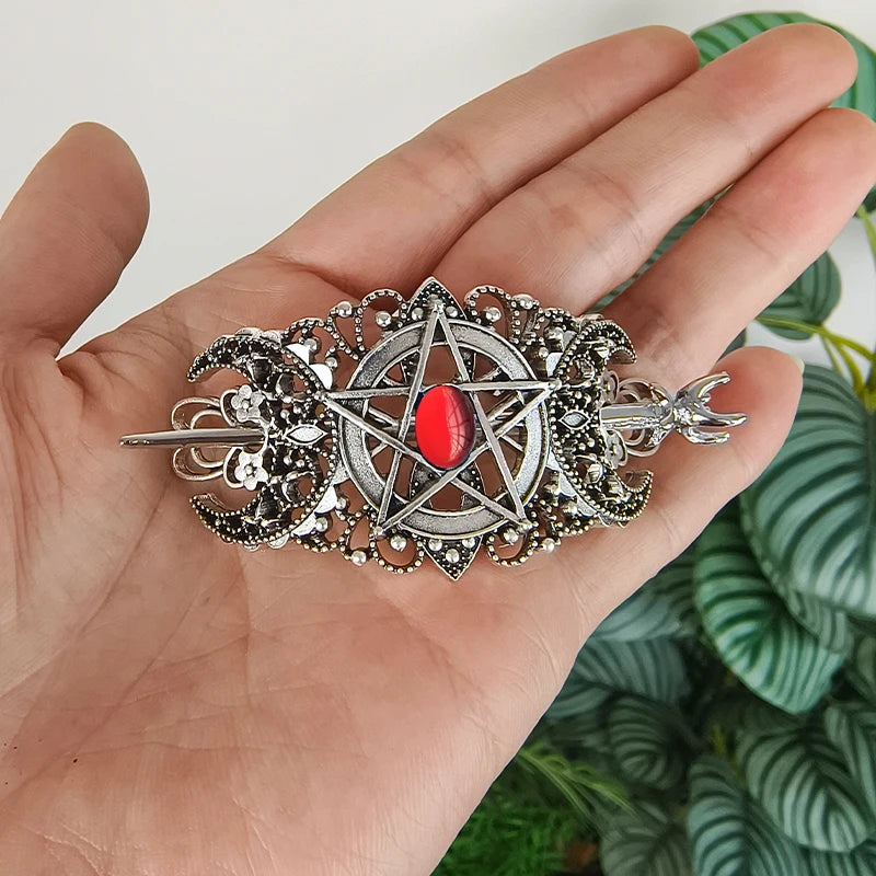 Triple Moon Pentagram Hair Barrette Wicca Hairclip