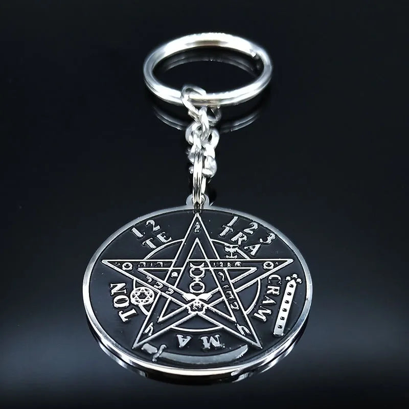 Witchcraft Tetragrammaton Pentagram Steel Key Chain Blessed Lord Shem Keyring