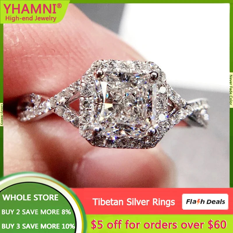Tibetan Silver Ring Princess Cut Zircon Crystal Wedding Band