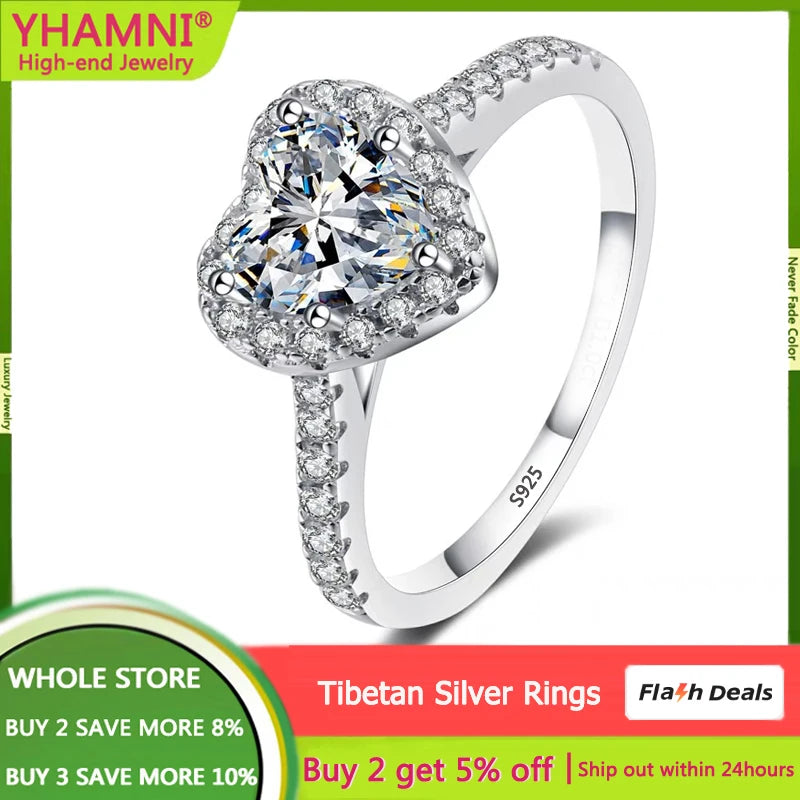 Tibetan Silver Heart Zirconia Stone Rings Wedding Jewelry