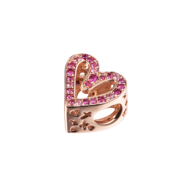 Woman Beads Rose Sparkling Ruby Red & Pink Heart Fits 925 Silver Bracelets