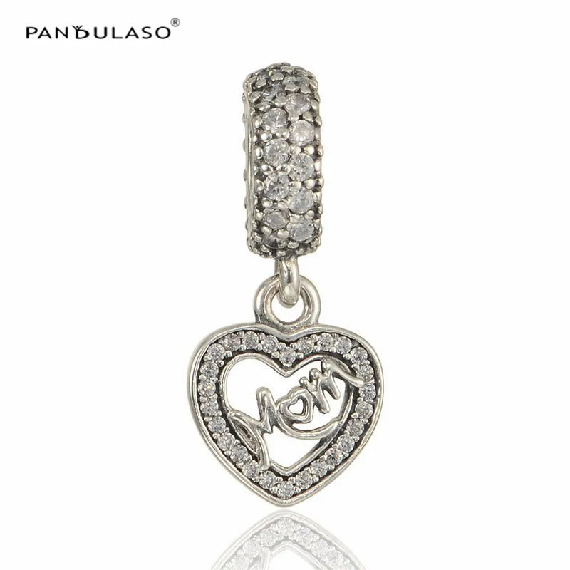 Mom Heart Dangle Charms Fits Snake Chain Bracelets Sterling Silver