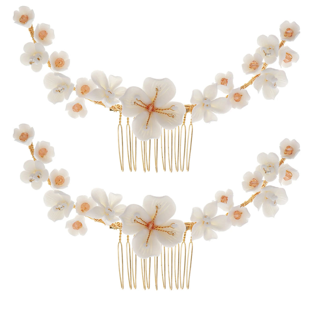 Pottery Flower Hair Combs with Crystals for Party Dress Up