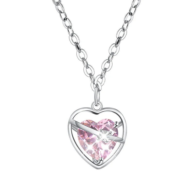 Pink Heart Pendant Necklace Set 925 Sterling Silver