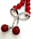 Red Coral Bead Choker Necklace with Rhinestone Bowknot Pendant