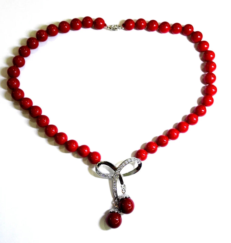 Red Coral Bead Choker Necklace with Rhinestone Bowknot Pendant