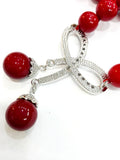 Red Coral Bead Choker Necklace with Rhinestone Bowknot Pendant