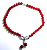 Red Coral Bead Choker Necklace with Rhinestone Bowknot Pendant
