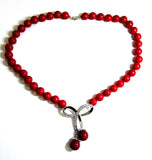 Red Coral Bead Choker Necklace with Rhinestone Bowknot Pendant