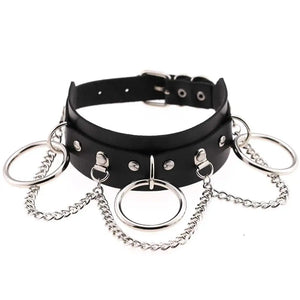 Punk Leather Bondage Collar with 3 Rings Chains Choker