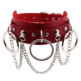 Punk Leather Bondage Collar with 3 Rings Chains Choker