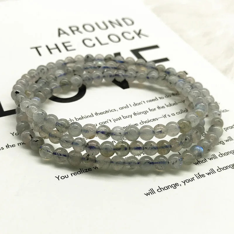 Woman Wrap Bracelet Gray Moon Stone 4 MM Nature Labradonite Bead Necklace
