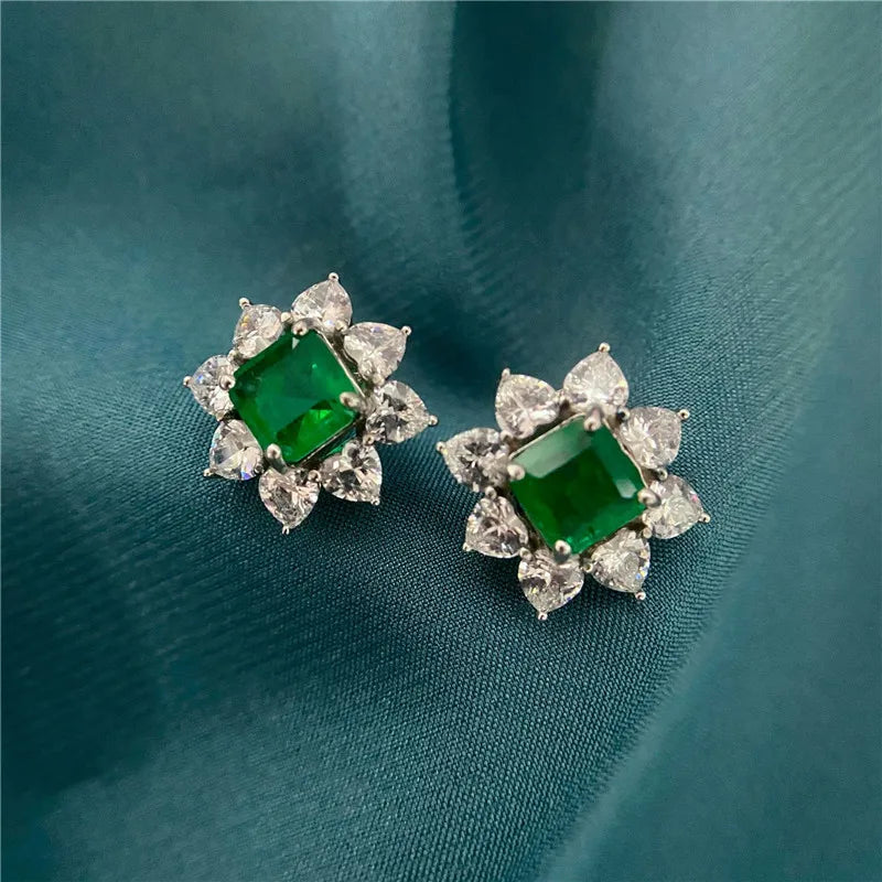 925 Sterling Green Emerald Earrings Floral High Accessory Fine Jewelry