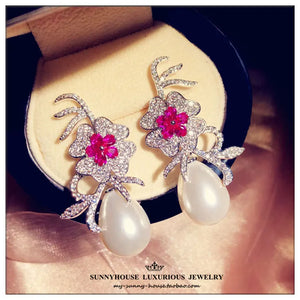 Teardrop Sea Shell Pearl Red Cz Pave Flower Earrings