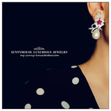 Teardrop Sea Shell Pearl Red Cz Pave Flower Earrings