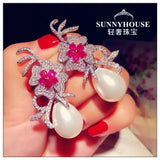 Teardrop Sea Shell Pearl Red Cz Pave Flower Earrings