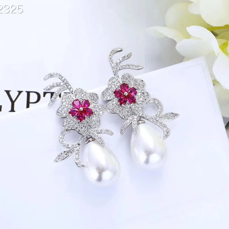 Teardrop Sea Shell Pearl Red Cz Pave Flower Earrings