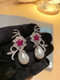 Teardrop Sea Shell Pearl Red Cz Pave Flower Earrings