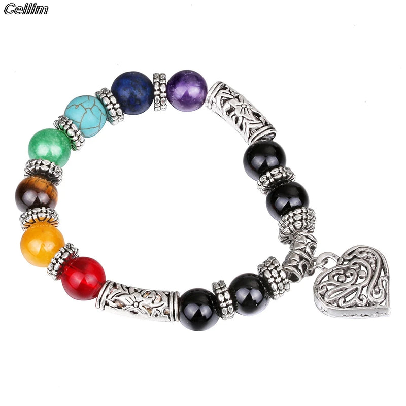 8mm 7 Chakra Healing Bracelet with Heart Charm - Reiki Stones