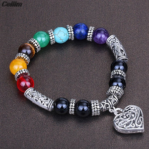 8mm 7 Chakra Healing Bracelet with Heart Charm - Reiki Stones