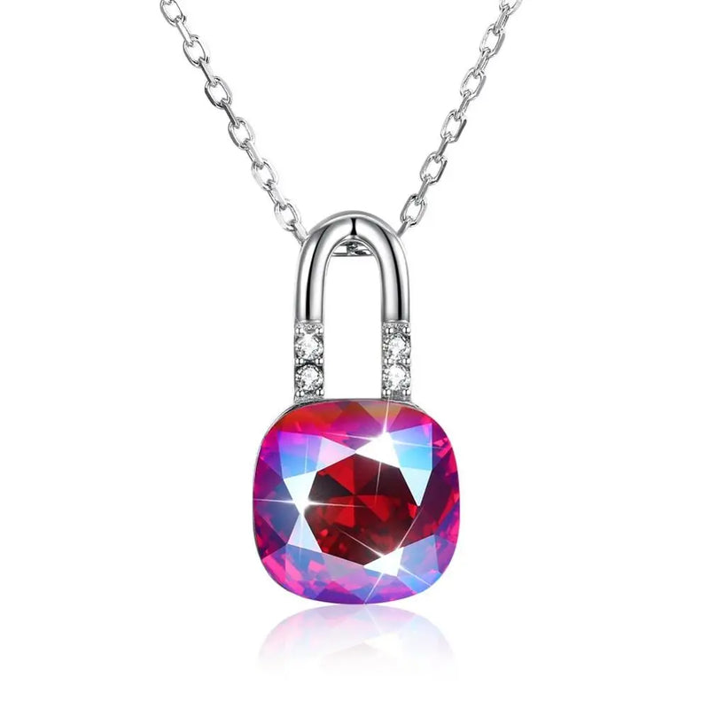 925 Silver Crystal Pendant Necklace Colorful Zircon Lock Charm