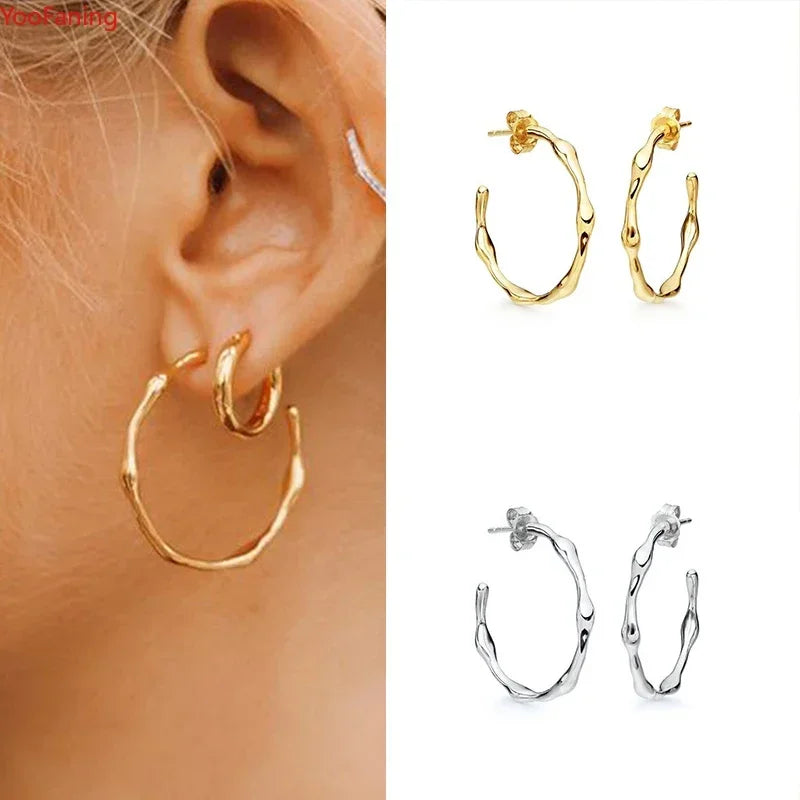 Crystal Colored Zircon Big C Hoop Stud Earrings 925 Sterling Silver Ear Needle