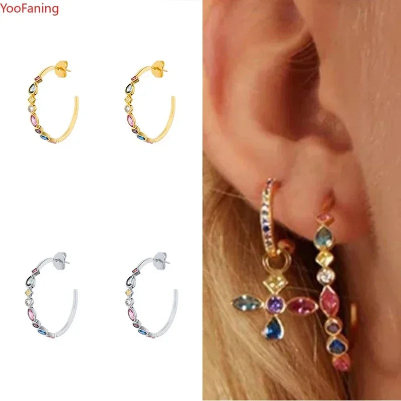 Crystal Colored Zircon Big C Hoop Stud Earrings 925 Sterling Silver Ear Needle
