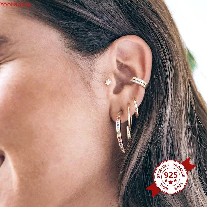 Crystal Colored Zircon Big C Hoop Stud Earrings 925 Sterling Silver Ear Needle