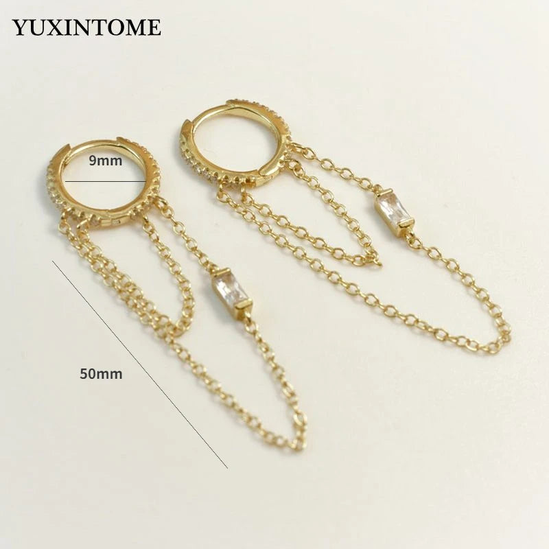 925 Silver Double Chain Hoop Crystal Tassel Earrings