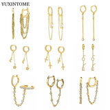 925 Silver Double Chain Hoop Crystal Tassel Earrings