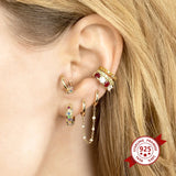 925 Silver Double Chain Hoop Crystal Tassel Earrings