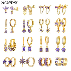 925 Silver Purple Zircon Hoop Earrings Wedding Jewelry