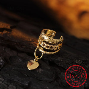 925 Silver Heart Charm Ear Cuff Clip Earrings for Women
