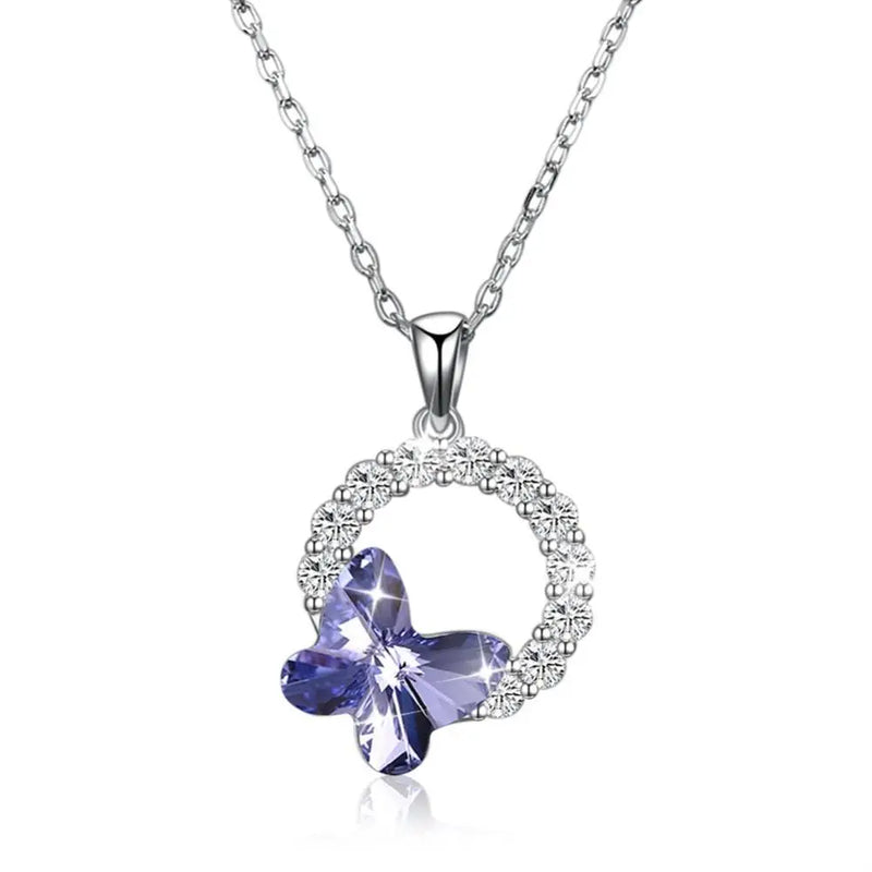 925 Silver Butterfly Pendant Necklaces Crystal CZ Lady Party Jewelry