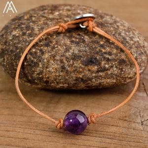 Women Amethysts Leather Bracelet Boho Stone Bead Friendship Bracelet