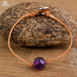 Women Amethysts Leather Bracelet Boho Stone Bead Friendship Bracelet
