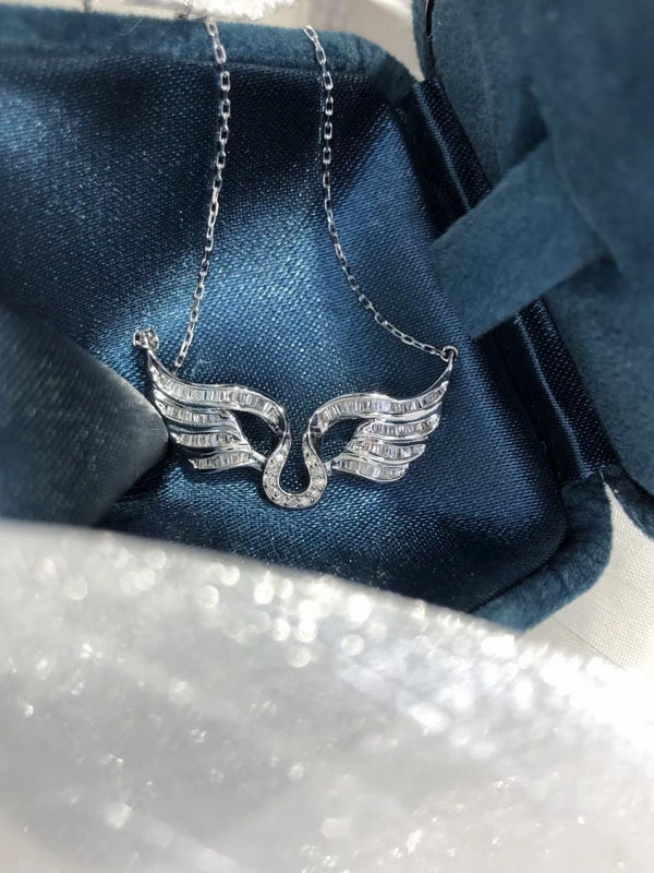 Silver Angel Wings Pendant Rhinestone Necklace