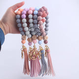 Leopard Print Silicone Beaded Tassel Keychain Wristlet Bracelet