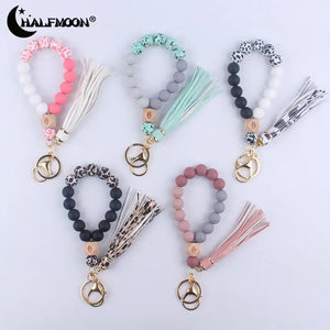 Leopard Print Silicone Beaded Tassel Keychain Wristlet Bracelet