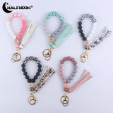 Leopard Print Silicone Beaded Tassel Keychain Wristlet Bracelet