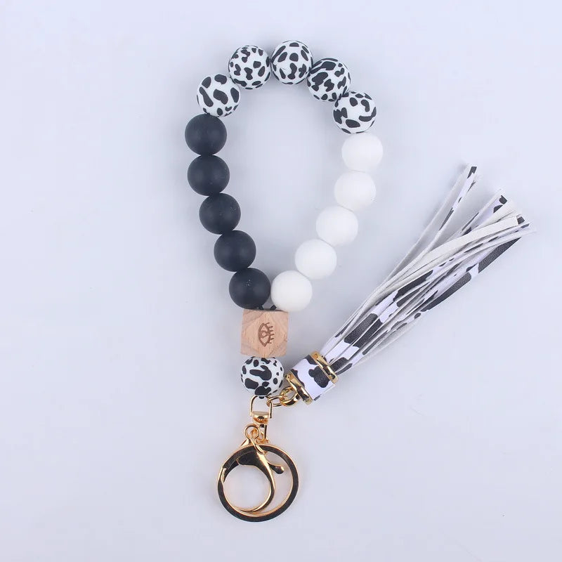 Leopard Print Silicone Beaded Tassel Keychain Wristlet Bracelet