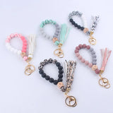 Leopard Print Silicone Beaded Tassel Keychain Wristlet Bracelet
