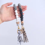 Leopard Print Silicone Beaded Tassel Keychain Wristlet Bracelet